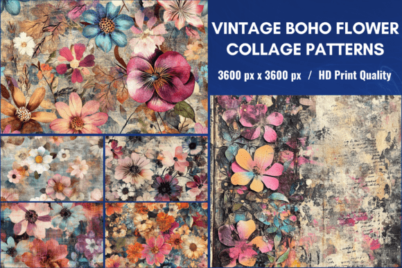 Download Vintage Boho Flower Collage Pattern - Boho Collection