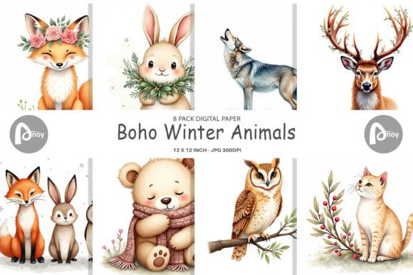 Download Boho Winter Animals Digital Paper - Boho Collection