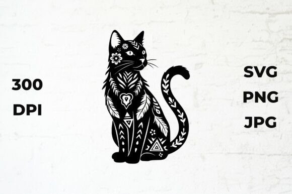 Download Black Cat Silhouette with Boho Patterns - Boho Collection