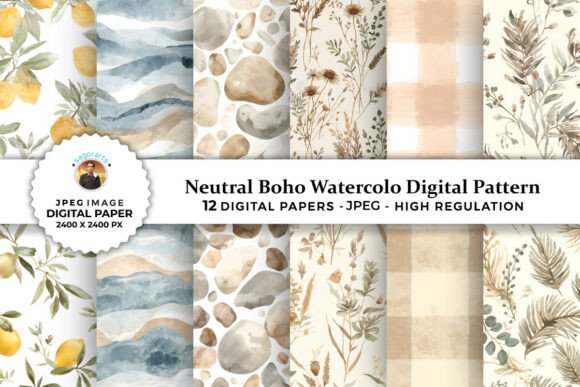 Download Neutral Boho Watercolor Digital Patterns - Boho Collection