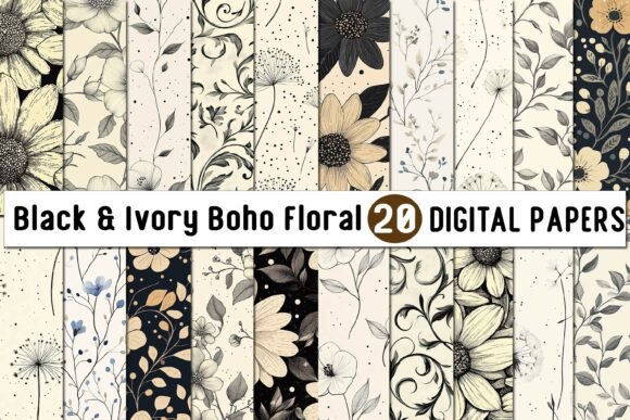 Download Black &amp; Ivory Boho Floral Digital Paper - Boho Collection