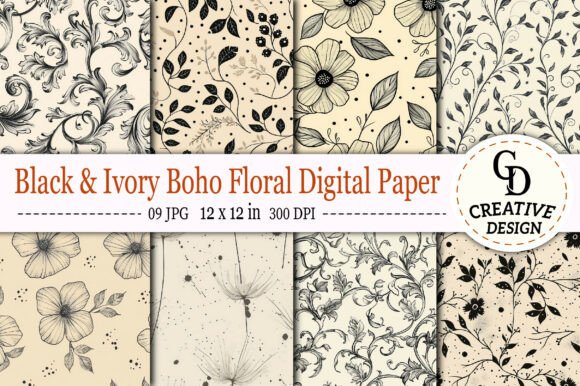 Download Black &amp; Ivory Boho Floral Digital Paper - Boho Collection